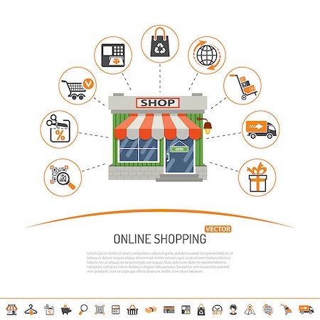 simsearch:400-08133409,k - Online internet shopping concept with Two Color and flat Icons Set for business marketing and advertising with shop, delivery, sale and goods. Isolated vector illustration Foto de stock - Super Valor sin royalties y Suscripción, Código: 400-08836880