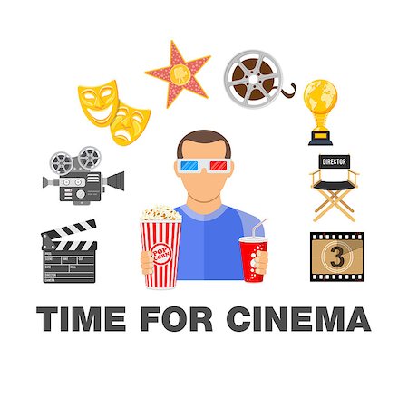 Cinema and Movie time concept with flat icons masks, 3D glasses, clapperboard and viewer with popcorn and soda in hands, isolated vector illustration Stock Photo - Budget Royalty-Free & Subscription, Code: 400-08836892