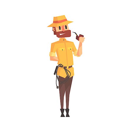 simsearch:400-04227846,k - Adventurer Archeologist In Safari Outfit And Hat Smoking Pipe Illustration From Funny Archeology Scientist Series. Cartoon Male Indiana Jones Style Tombraider Character Vector Drawing. Fotografie stock - Microstock e Abbonamento, Codice: 400-08836929