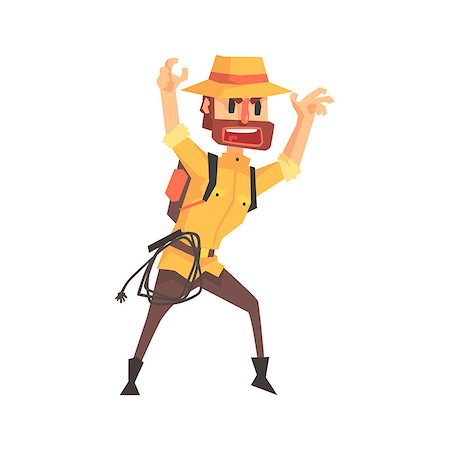 simsearch:400-04227846,k - Adventurer Archeologist In Safari Outfit And Hat Intimidating Somebody Illustration From Funny Archeology Scientist Series. Cartoon Male Indiana Jones Style Tombraider Character Vector Drawing. Fotografie stock - Microstock e Abbonamento, Codice: 400-08836932