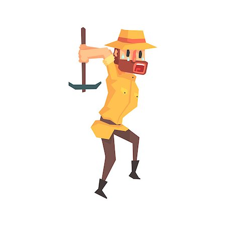 simsearch:400-04227846,k - Adventurer Archeologist In Safari Outfit And Hat Working With Pick Axe Illustration From Funny Archeology Scientist Series. Cartoon Male Indiana Jones Style Tombraider Character Vector Drawing. Fotografie stock - Microstock e Abbonamento, Codice: 400-08836933