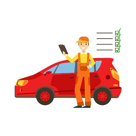 Smiling Mechanic Analysing With Checklist In The Garage, Car Repair Workshop Service Illustration. Cartoon Male Character In Dungarees Working In Auto Repair Shop. Stock Photo - Budget Royalty-Free & Subscription, Code: 400-08836957