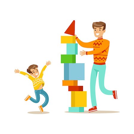 Dad And Son Building A Tower With Blocks, Happy Family Having Good Time Together Illustration. Household Members Enjoying Spending Time Together Vector Cartoon Drawing. Stock Photo - Budget Royalty-Free & Subscription, Code: 400-08836982