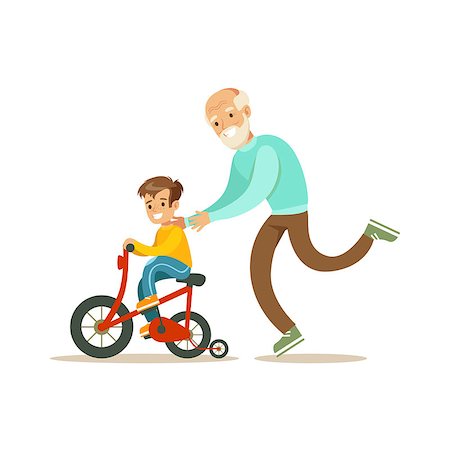 Grandfather Running Behind Grandson Bicycle, Happy Family Having Good Time Together Illustration. Household Members Enjoying Spending Time Together Vector Cartoon Drawing. Stock Photo - Budget Royalty-Free & Subscription, Code: 400-08836983