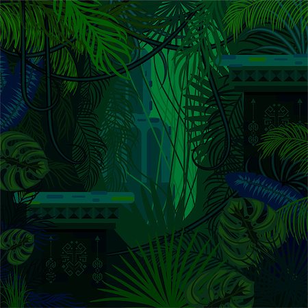 Dense foliage jungle nature background. Dark green and blue palm leaves, tree branches and mayan ruins vector. Fotografie stock - Microstock e Abbonamento, Codice: 400-08837430