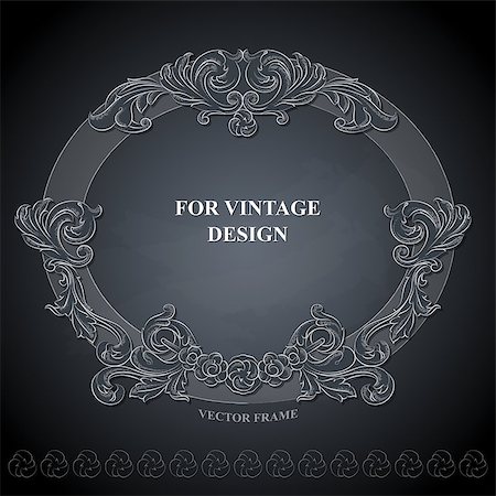 Vector frame with floral ornament on dark background for vintage design. Chalkboard hand drawn art. Decorative retro banner. Baroque. Stock Photo - Budget Royalty-Free & Subscription, Code: 400-08837586