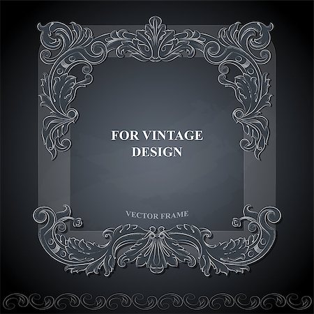 Vector frame with floral ornament on dark background for vintage design. Chalkboard hand drawn art. Decorative retro banner. Baroque. Stock Photo - Budget Royalty-Free & Subscription, Code: 400-08837587