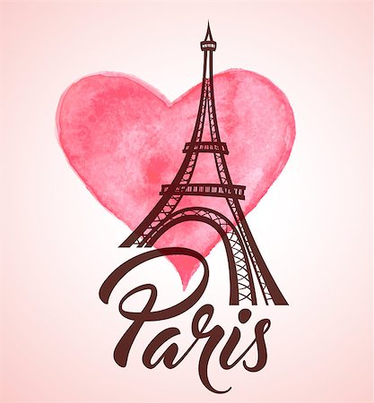 simsearch:400-08347146,k - Valentine's day greeting card with Eiffel Tower and pink watercolor heart Stock Photo - Budget Royalty-Free & Subscription, Code: 400-08837711