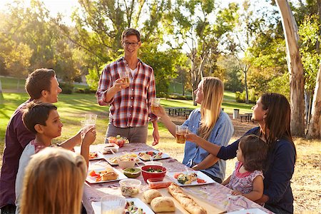 simsearch:400-08839704,k - Two families making a toast at picnic at a table in a park Foto de stock - Super Valor sin royalties y Suscripción, Código: 400-08839703