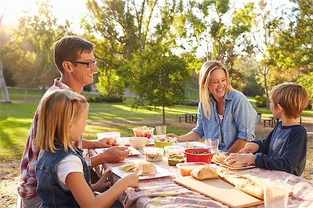 simsearch:400-08839704,k - Young white family enjoying a picnic at a table in a park Foto de stock - Super Valor sin royalties y Suscripción, Código: 400-08839711