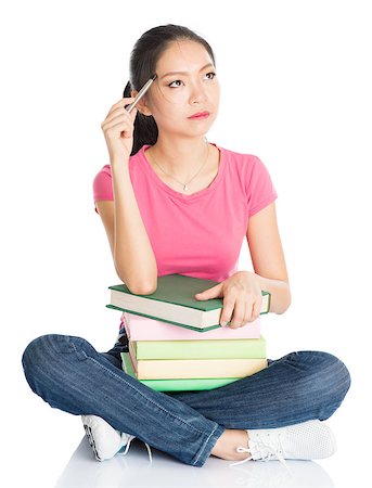 Full body young Asian female student in pink shirt with textbooks, seated on floor, full length isolated on white background. Stock Photo - Budget Royalty-Free & Subscription, Code: 400-08831381