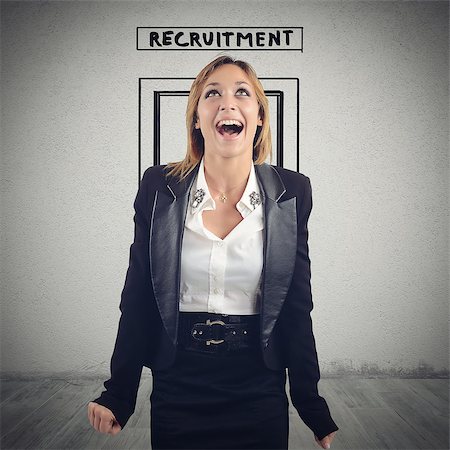 simsearch:400-06556700,k - Woman exits from the room of recruitment exults happily because she is hired Foto de stock - Super Valor sin royalties y Suscripción, Código: 400-08831489