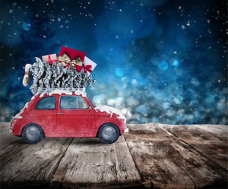 Christmas tree and presents on the roof of a car on wooden floor. Xmas holiday travel concept. 3D rendering Stock Photo - Budget Royalty-Free & Subscription, Code: 400-08832007