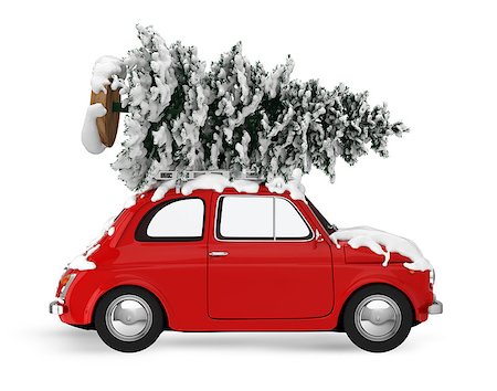 Christmas tree on the roof of a vintage red car. Xmas holiday travel concept. 3D rendering Stock Photo - Budget Royalty-Free & Subscription, Code: 400-08832008