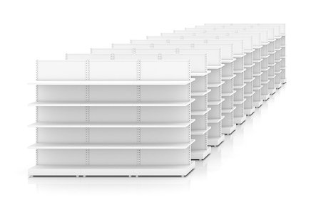 simsearch:400-08919670,k - Clean white racks shelves for products showing, isolated background. 3D illustration Fotografie stock - Microstock e Abbonamento, Codice: 400-08832019