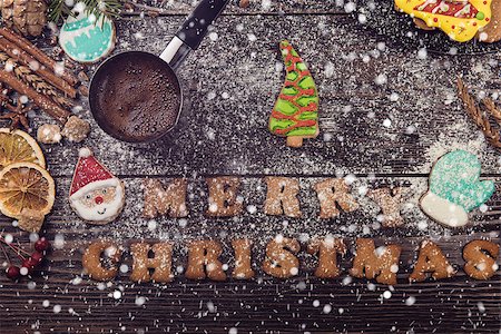 Different ginger cookies and coffee for new years and christmas on wooden background, xmas theme. Top view. Stock Photo - Budget Royalty-Free & Subscription, Code: 400-08832114