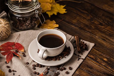 Autumn Cup of Coffee. Yellow leaves and Jar Coffee Beens Stock Photo - Budget Royalty-Free & Subscription, Code: 400-08832349