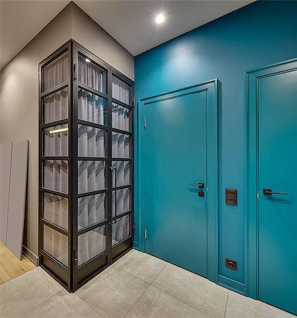 Contemporary interior with two blue doors on the same wall and tiles with a parquet on the floor. There is a glass black wardrobe with curtains, glowing lamps, switches and a power socket. Closeup. Stock Photo - Budget Royalty-Free & Subscription, Code: 400-08832537