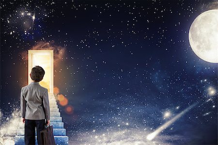 simsearch:400-08288188,k - Boy climbs the stairs to a door with sunlight on a starry sky with the moon and the stars Photographie de stock - Aubaine LD & Abonnement, Code: 400-08832753