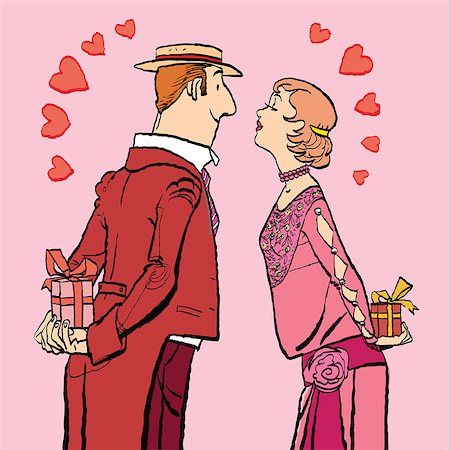 pustovit (artist) - Valentines day, a couple man and woman give gifts. Vector cartoon illustration of retro style. Fotografie stock - Microstock e Abbonamento, Codice: 400-08833078