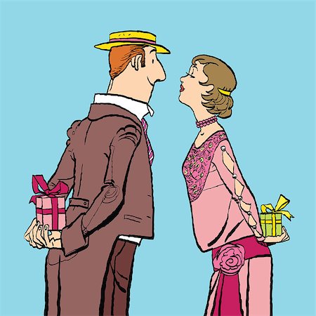 pustovit (artist) - Valentine day, a couple man and woman give gifts. Vector cartoon illustration of retro style. Fotografie stock - Microstock e Abbonamento, Codice: 400-08833079