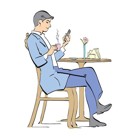 pustovit (artist) - Man drinking coffee in cafe. Vector cartoon illustration of retro style. businessman reading a smartphone Fotografie stock - Microstock e Abbonamento, Codice: 400-08833084
