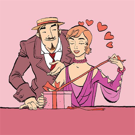 retro man woman gift - Love and romance. Retro woman opens the gift to a loved one. Vector cartoon illustration of retro style. Stock Photo - Budget Royalty-Free & Subscription, Code: 400-08833081