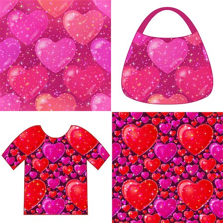 Set of Valentine Holiday Seamless Backgrounds, Colorful Tile Patterns with Hearts, Sparks, Confetti and Examples in Form of Shirt and Ladies Handbag. Eps10, Contains Transparencies. Vector Foto de stock - Super Valor sin royalties y Suscripción, Código: 400-08833106