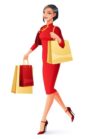 Beautiful smiling Chinese Asian woman in traditional dress walking with shopping bags. Cartoon style vector illustration isolated on white background. Stock Photo - Budget Royalty-Free & Subscription, Code: 400-08833174