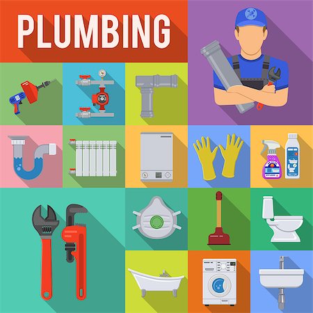 pipeline engineer - Plumbing Service Flat Icons Set with Long Shadow on Square with Plumber, Device and Tools items. Vector illustration Stock Photo - Budget Royalty-Free & Subscription, Code: 400-08833210