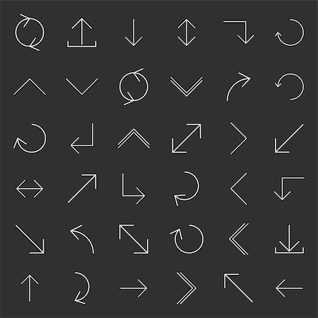 Set of arrows and pointers of various forms of thin lines, isolated on black background, vector illustration. Stockbilder - Microstock & Abonnement, Bildnummer: 400-08833270