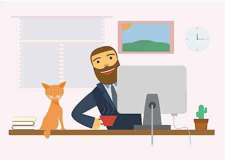 Funny Man with Cup of Coffee and his Cat sitting in Office. Stock Photo - Budget Royalty-Free & Subscription, Code: 400-08833441
