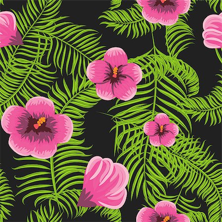 simsearch:400-08754428,k - Tropical jungle palm leaves and hibiscus vector pattern background. Exotic nature pattern for fabric, wallpaper or apparel. Stock Photo - Budget Royalty-Free & Subscription, Code: 400-08833476