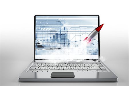 simsearch:400-09112433,k - Small rocket flying from the screen of a laptop. Startup working enterprise concept. mixed media Stockbilder - Microstock & Abonnement, Bildnummer: 400-08833709