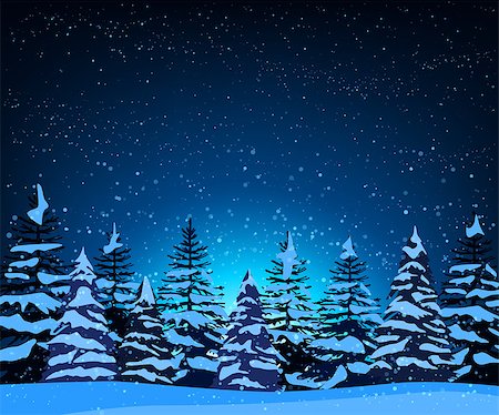 romance and stars in the sky - Stock vector illustration of night landscape with silhouettes of snow-covered fir trees among snowfall in snowdrifts on starry sky background for background, banner, website, printed materials, cards Stock Photo - Budget Royalty-Free & Subscription, Code: 400-08833909