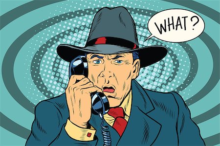 What Surprised retro businessman talking on the phone. Pop art vector illustration Stock Photo - Budget Royalty-Free & Subscription, Code: 400-08833976