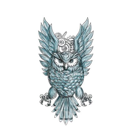 simsearch:400-07658193,k - Tattoo style illustration of an owl swooping with clock gears behind its wings viewed from the front set on isolated white background. Foto de stock - Super Valor sin royalties y Suscripción, Código: 400-08864013