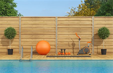 swimming pool exercise bikes - Swimming pool with spinnig bike and pilates ball - 3d rendering Photographie de stock - Aubaine LD & Abonnement, Code: 400-08864289