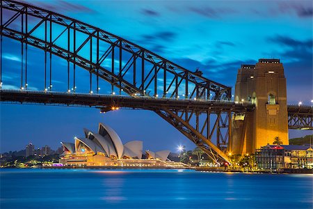 simsearch:400-08777411,k - Cityscape image of Sydney, Australia with Harbour Bridge during twilight blue hour. Stock Photo - Budget Royalty-Free & Subscription, Code: 400-08864891