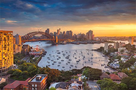 simsearch:841-07653336,k - Cityscape image of Sydney, Australia with Harbour Bridge and Sydney skyline during sunset. Photographie de stock - Aubaine LD & Abonnement, Code: 400-08864892