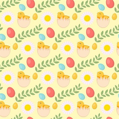 simsearch:400-06692271,k - Cute Easter seamless pattern with chick, eggs and flowers, endless backdrop. Holiday background, texture, digital paper. Vector illustration Stock Photo - Budget Royalty-Free & Subscription, Code: 400-08865124