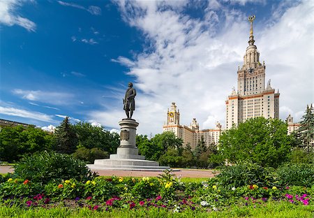 soviet style - Lomonosov Moscow State University - MSU. Main building and Lomonosov monument. MSU is one of Seven Sisters. The Seven Sisters are a group of seven skyscrapers in Moscow designed in the Stalinist style Stock Photo - Budget Royalty-Free & Subscription, Code: 400-08861224