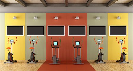 simsearch:400-04027186,k - Colorful gym with stationary bikes and stepper bikes - 3d rendering Stockbilder - Microstock & Abonnement, Bildnummer: 400-08862187