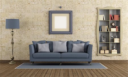 Retro living room with elegant sofa and bookcase on stone wall - 3d rendering Stock Photo - Budget Royalty-Free & Subscription, Code: 400-08862188