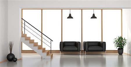 simsearch:400-07892349,k - Minimalist living room with black armchairs, staircase and large window - 3d rendering Photographie de stock - Aubaine LD & Abonnement, Code: 400-08862189