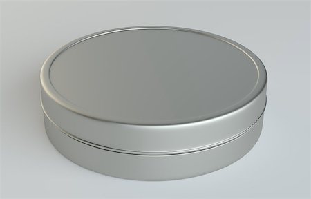 Metal round box on gray background. 3D illustration Photographie de stock - Aubaine LD & Abonnement, Code: 400-08862312