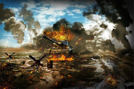 simsearch:400-06091788,k - Battle Tank in the war zone. Tank mission to destroy enemy targets Fotografie stock - Microstock e Abbonamento, Codice: 400-08862422