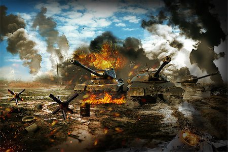 simsearch:400-06091788,k - Battle Tank in the war zone. Tank mission to destroy enemy targets Fotografie stock - Microstock e Abbonamento, Codice: 400-08862499