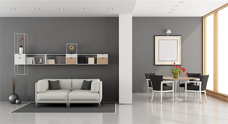 simsearch:400-08797073,k - Modern living room room with sofa,dining table and bookcase- 3D Rendering Photographie de stock - Aubaine LD & Abonnement, Code: 400-08862852
