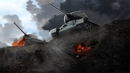 simsearch:400-06091788,k - Two battle tanks on the edge of the ruined areas. Tank battle Fotografie stock - Microstock e Abbonamento, Codice: 400-08862915